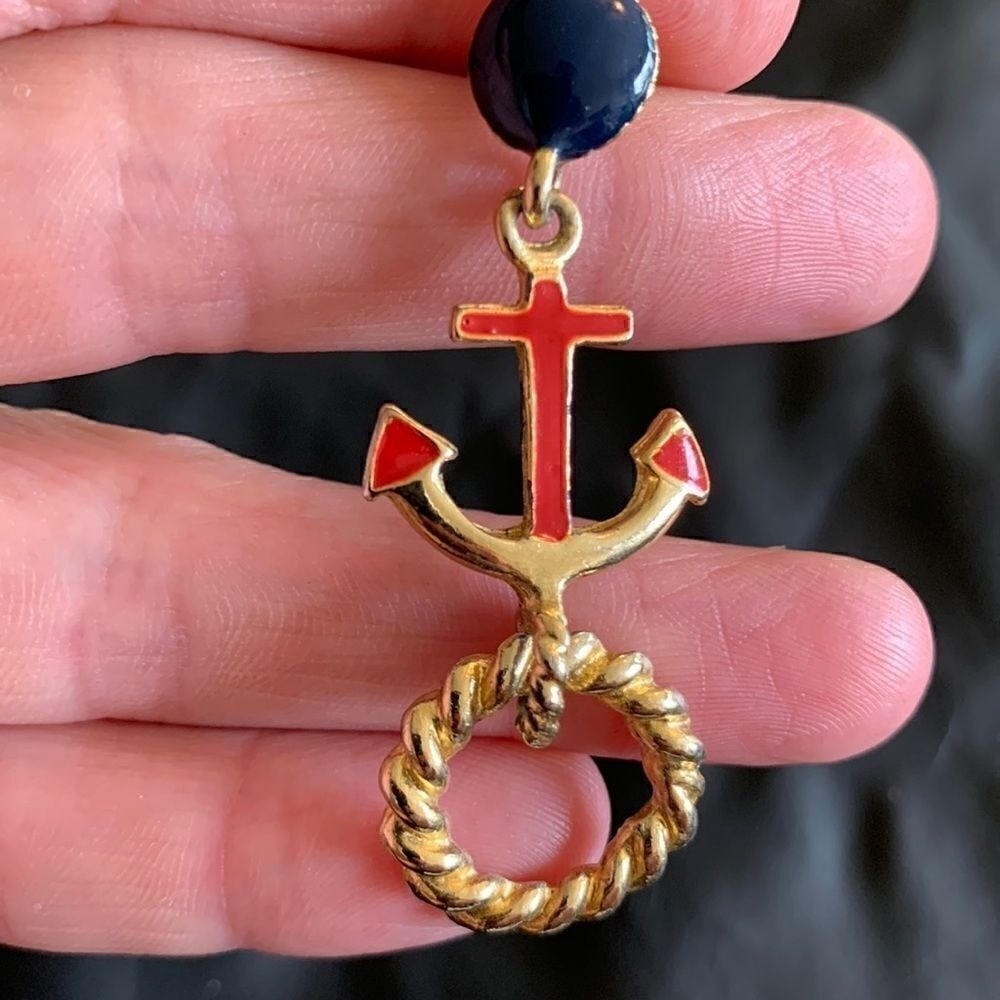 Vintage Costal Nautical Anchor Navy‎ Blue Sail Boat Gold Tone Earrings - Picture 4 of 5